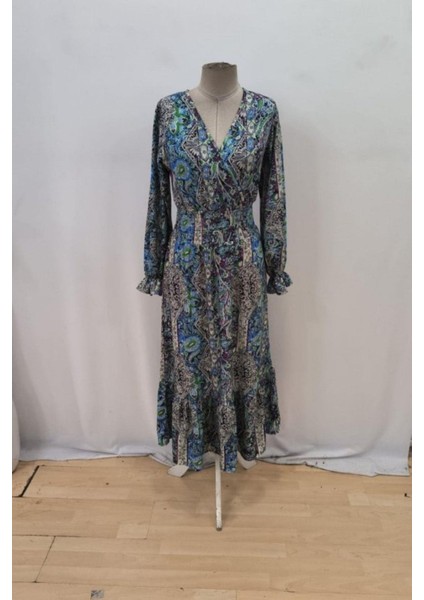 Kruvaze Yaka Desenli Uzun Süprem Elbise - Mavi fırsatları