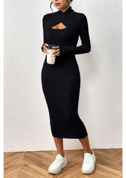 Uzun Kollu Pencere Detaylı Midi Kaşkorse Elbise - Siyah