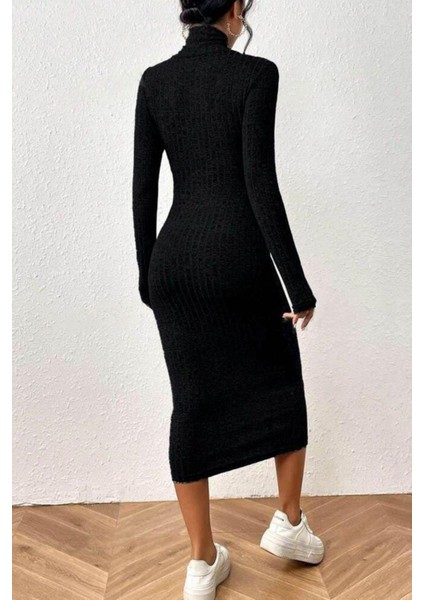 Uzun Kollu Pencere Detaylı Midi Kaşkorse Elbise - Siyah fiyatları
