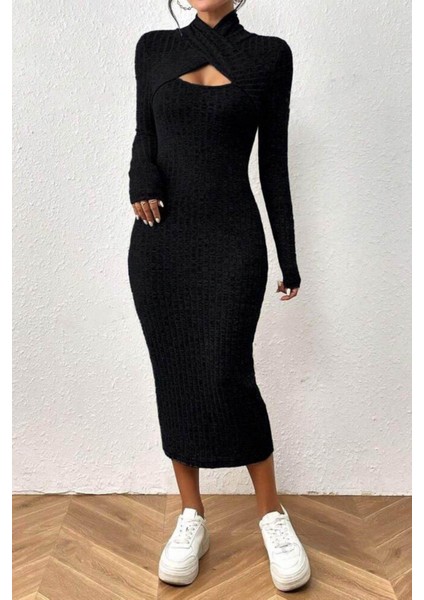 Uzun Kollu Pencere Detaylı Midi Kaşkorse Elbise - Siyah modelleri