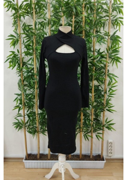 Uzun Kollu Pencere Detaylı Midi Kaşkorse Elbise - Siyah fırsatları