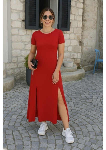 Yırtmaç Detaylı Kısa Kollu Viskon Elbise - Kırmızı fiyatları