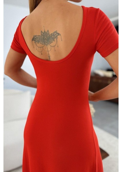 Yırtmaç Detaylı Kısa Kollu Viskon Elbise - Kırmızı modelleri