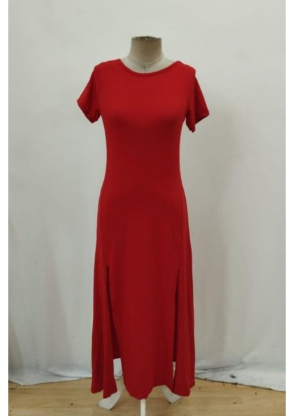 Yırtmaç Detaylı Kısa Kollu Viskon Elbise - Kırmızı fırsatları