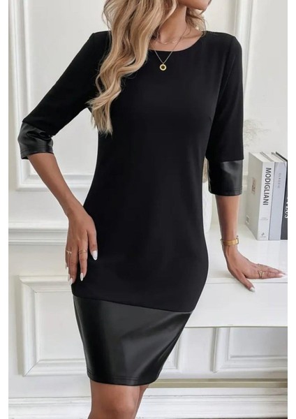 Bisiklet Yaka Deri Detaylı Ithal Krep Elbise - Siyah