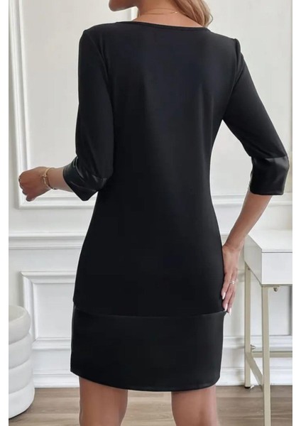 Bisiklet Yaka Deri Detaylı Ithal Krep Elbise - Siyah fiyatları