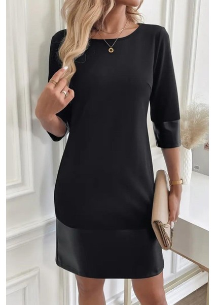 Bisiklet Yaka Deri Detaylı Ithal Krep Elbise - Siyah modelleri