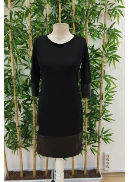 Bisiklet Yaka Deri Detaylı Ithal Krep Elbise - Siyah fırsatları