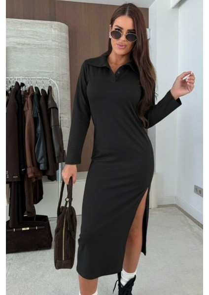 Polo Yaka Yandan Yırtmaçlı Midi Modal Elbise - Siyah modelleri
