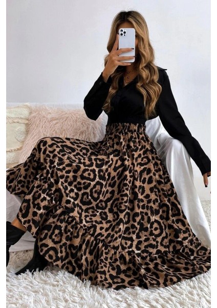Kruvaze Yaka Leopar Desenli Uzun Süprem Elbise - Siyah