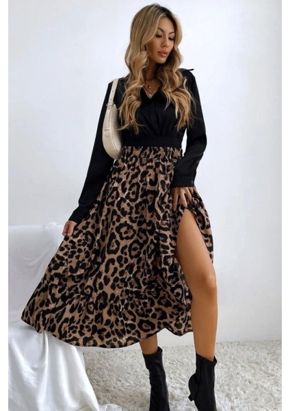 Kruvaze Yaka Leopar Desenli Uzun Süprem Elbise - Siyah fiyatları