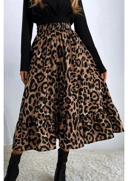 Kruvaze Yaka Leopar Desenli Uzun Süprem Elbise - Siyah modelleri