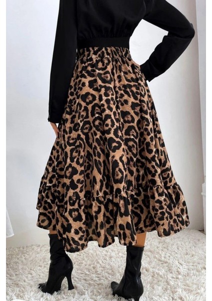 Kruvaze Yaka Leopar Desenli Uzun Süprem Elbise - Siyah fırsatları