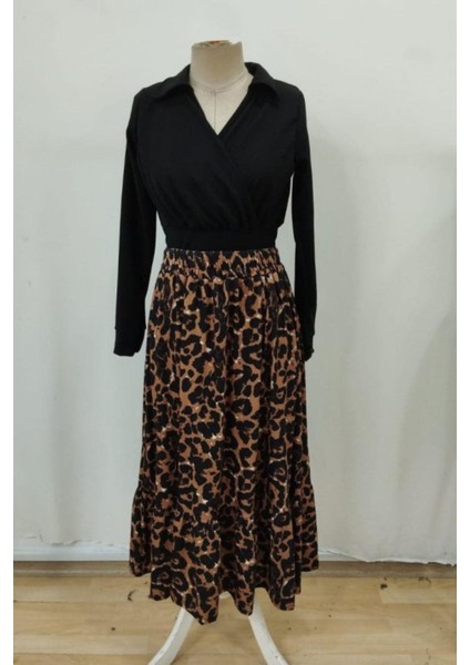 Kruvaze Yaka Leopar Desenli Uzun Süprem Elbise - Siyah indirimleri