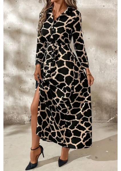 Gömlek Yaka Uzun Kol Kuşaklı Süprem Maxi Elbise - Siyah