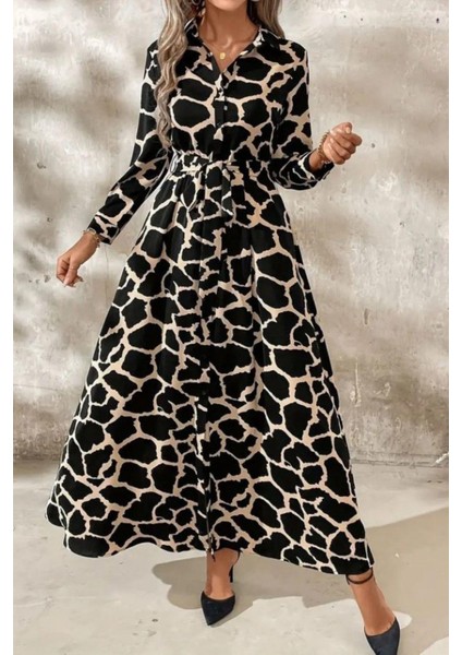 Gömlek Yaka Uzun Kol Kuşaklı Süprem Maxi Elbise - Siyah fiyatları