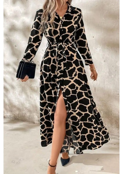 Gömlek Yaka Uzun Kol Kuşaklı Süprem Maxi Elbise - Siyah modelleri