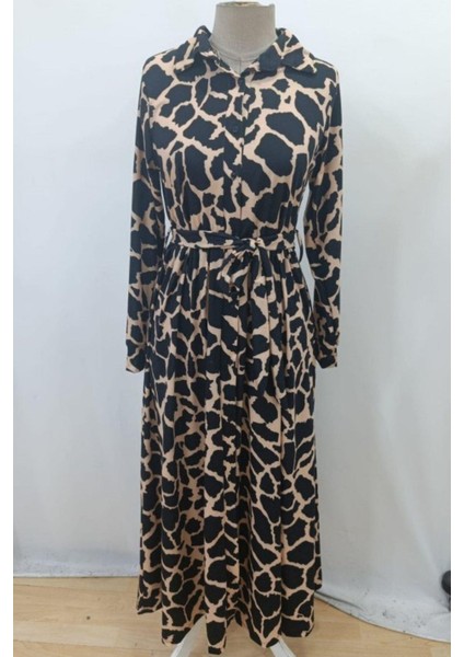 Gömlek Yaka Uzun Kol Kuşaklı Süprem Maxi Elbise - Siyah fırsatları