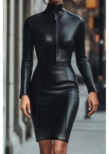 Yakalı Fermuar Detaylı Mini Deri Elbise - Siyah