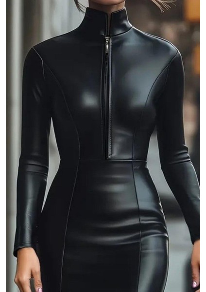 Yakalı Fermuar Detaylı Mini Deri Elbise - Siyah fiyatları