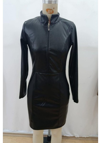 Yakalı Fermuar Detaylı Mini Deri Elbise - Siyah fırsatları
