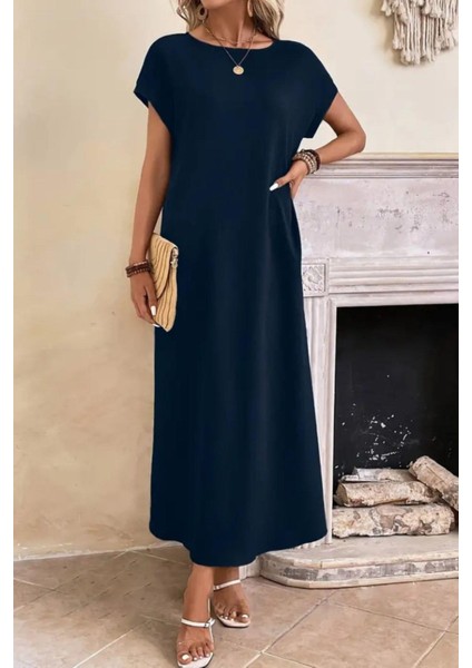 Kısa Kollu Viskon Basic Elbise Lacivert