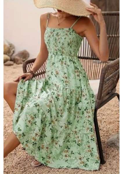 Ip Askılı Çiçek Desenli Süprem Elbise - Yeşil