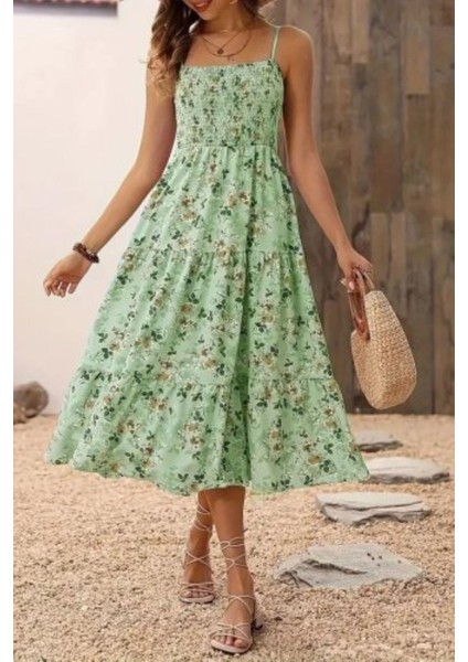 Ip Askılı Çiçek Desenli Süprem Elbise - Yeşil fiyatları
