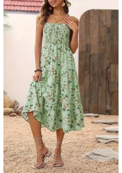 Ip Askılı Çiçek Desenli Süprem Elbise - Yeşil modelleri
