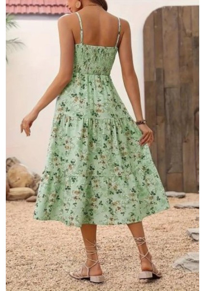 Ip Askılı Çiçek Desenli Süprem Elbise - Yeşil fırsatları