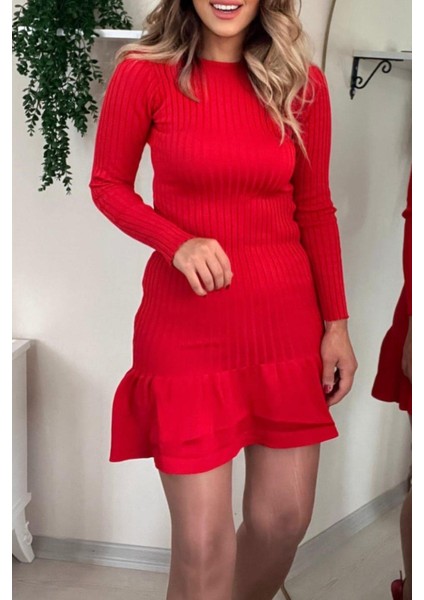 Etek Ucu Fırfırlı Triko Mini Boy Elbise Kırmızı