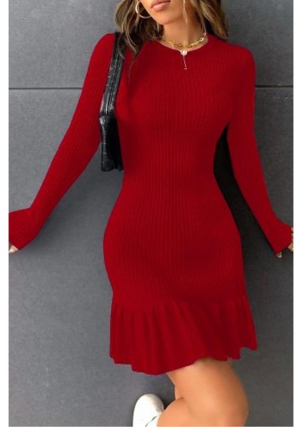 Etek Ucu Fırfırlı Triko Mini Boy Elbise Kırmızı fiyatları