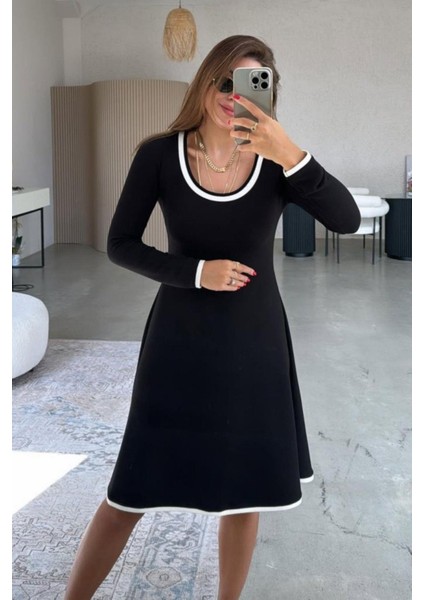 Yaka ve Kol Ucu Beyaz Biyeli Viskon Iki Iplik Elbise - Siyah