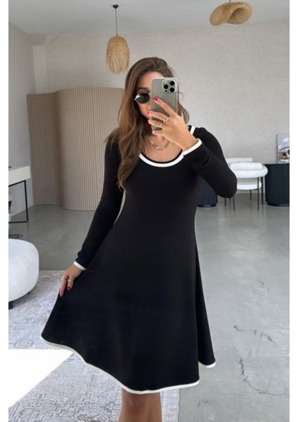 Yaka ve Kol Ucu Beyaz Biyeli Viskon Iki Iplik Elbise - Siyah fiyatları