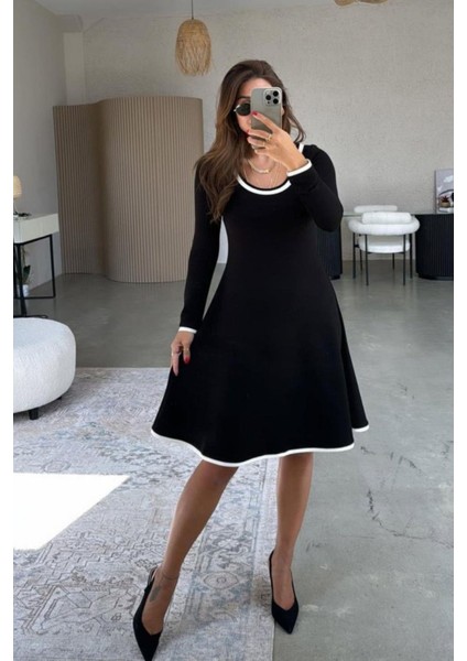 Yaka ve Kol Ucu Beyaz Biyeli Viskon Iki Iplik Elbise - Siyah modelleri