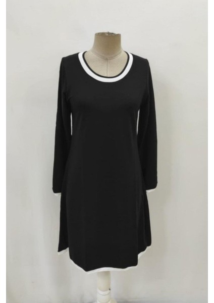 Yaka ve Kol Ucu Beyaz Biyeli Viskon Iki Iplik Elbise - Siyah fırsatları