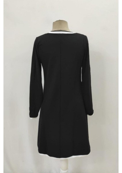 Yaka ve Kol Ucu Beyaz Biyeli Viskon Iki Iplik Elbise - Siyah indirimleri