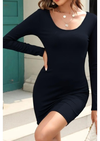 Uzun Kollu Sırt Dekolteli Kaşkorse Elbise - Siyah