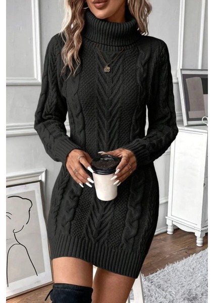 Balıkçı Yaka Örgü Desenli Mini Triko Elbise - Siyah fiyatları