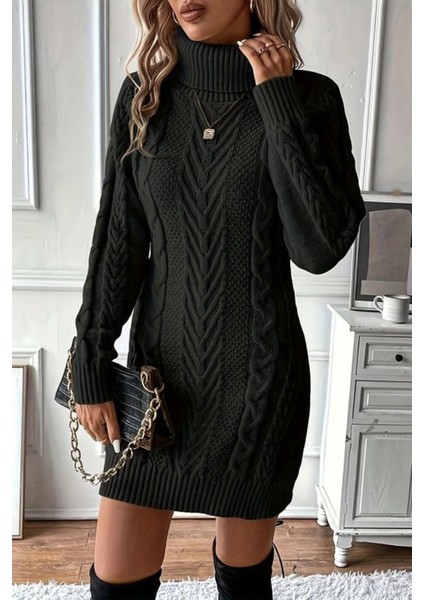 Balıkçı Yaka Örgü Desenli Mini Triko Elbise - Siyah modelleri