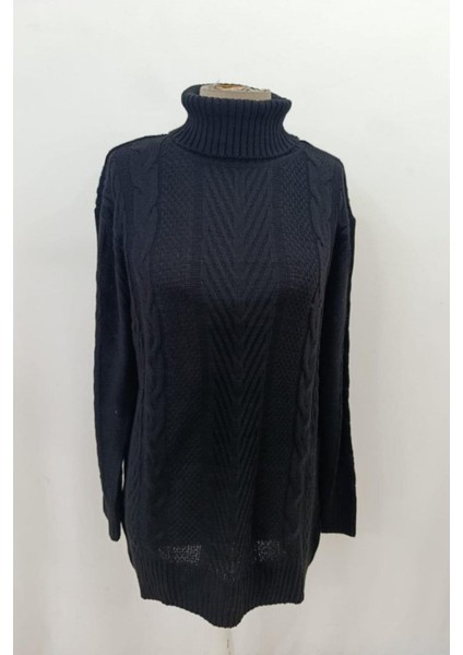 Balıkçı Yaka Örgü Desenli Mini Triko Elbise - Siyah fırsatları