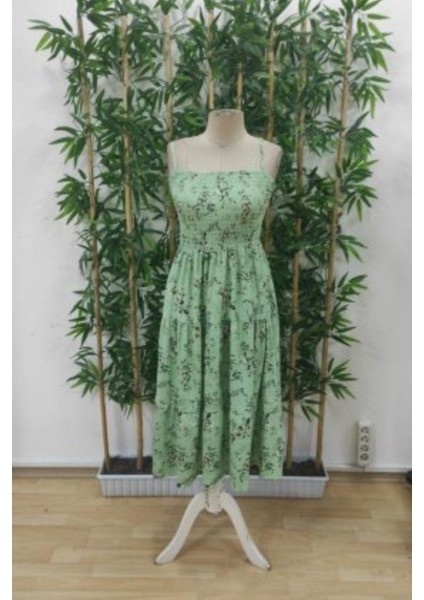 Ip Askılı Çiçek Desenli Süprem Elbise - Yeşil indirimleri