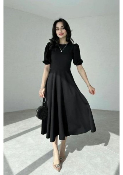 Balon Kol Rahat Kesim Midi Krep Elbise - Siyah