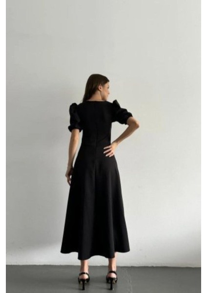Balon Kol Rahat Kesim Midi Krep Elbise - Siyah fiyatları