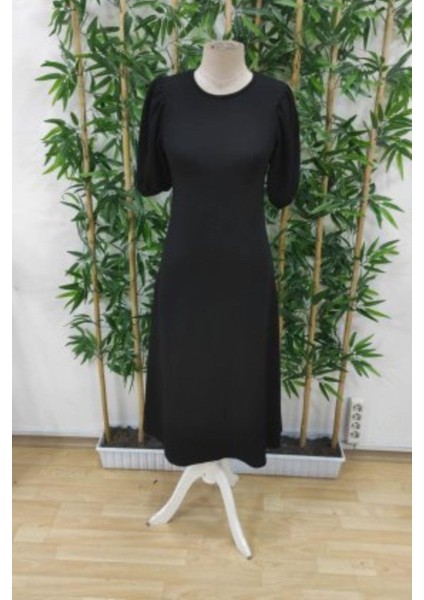 Balon Kol Rahat Kesim Midi Krep Elbise - Siyah modelleri