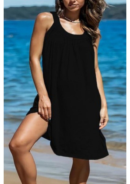 Askılı Yuvarlak Yaka Pileli Viskon Elbise- Siyah modelleri