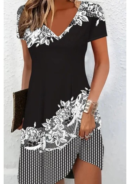 V Yaka Kısa Kollu Çiçek Baskılı Süprem Elbise - Siyah