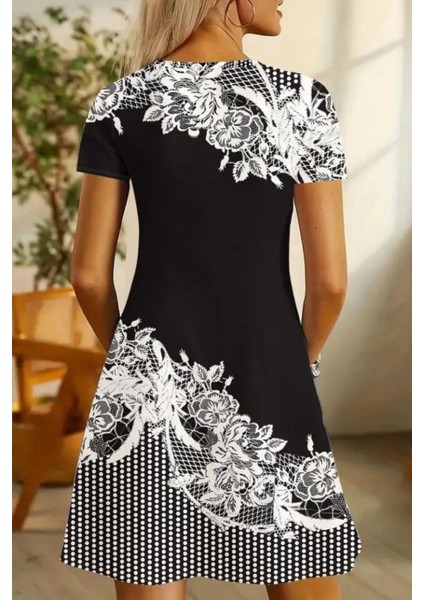V Yaka Kısa Kollu Çiçek Baskılı Süprem Elbise - Siyah fiyatları