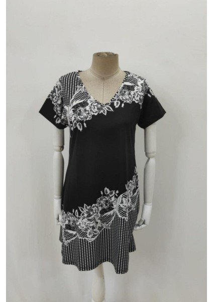 V Yaka Kısa Kollu Çiçek Baskılı Süprem Elbise - Siyah modelleri