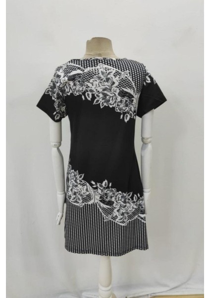 V Yaka Kısa Kollu Çiçek Baskılı Süprem Elbise - Siyah fırsatları